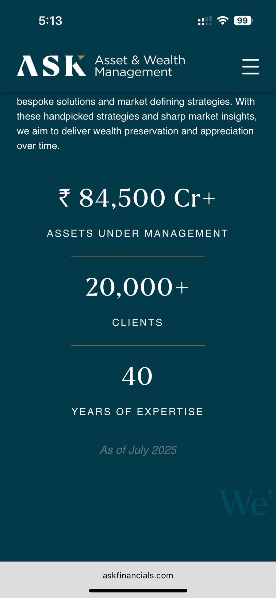 ASK Investment Managers mobile auto-scrolling text section cutting off content after a few words