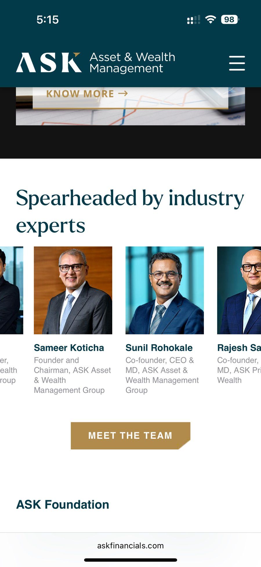 ASK Investment Managers Meet the Team mobile carousel showing multiple cluttered cards with erratic scrolling behaviour