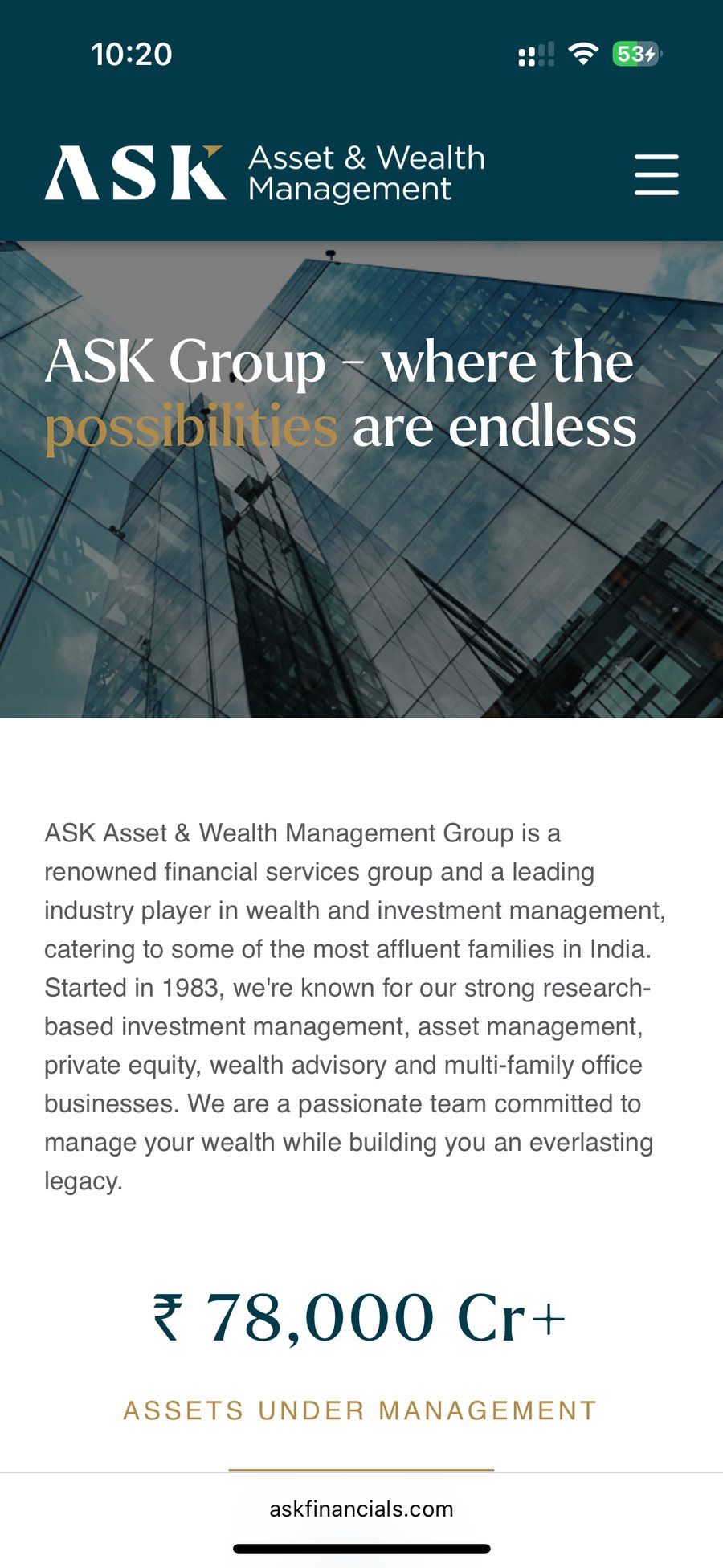 ASK Investment Managers mobile hero banner with low-contrast text that is difficult to read against the background image
