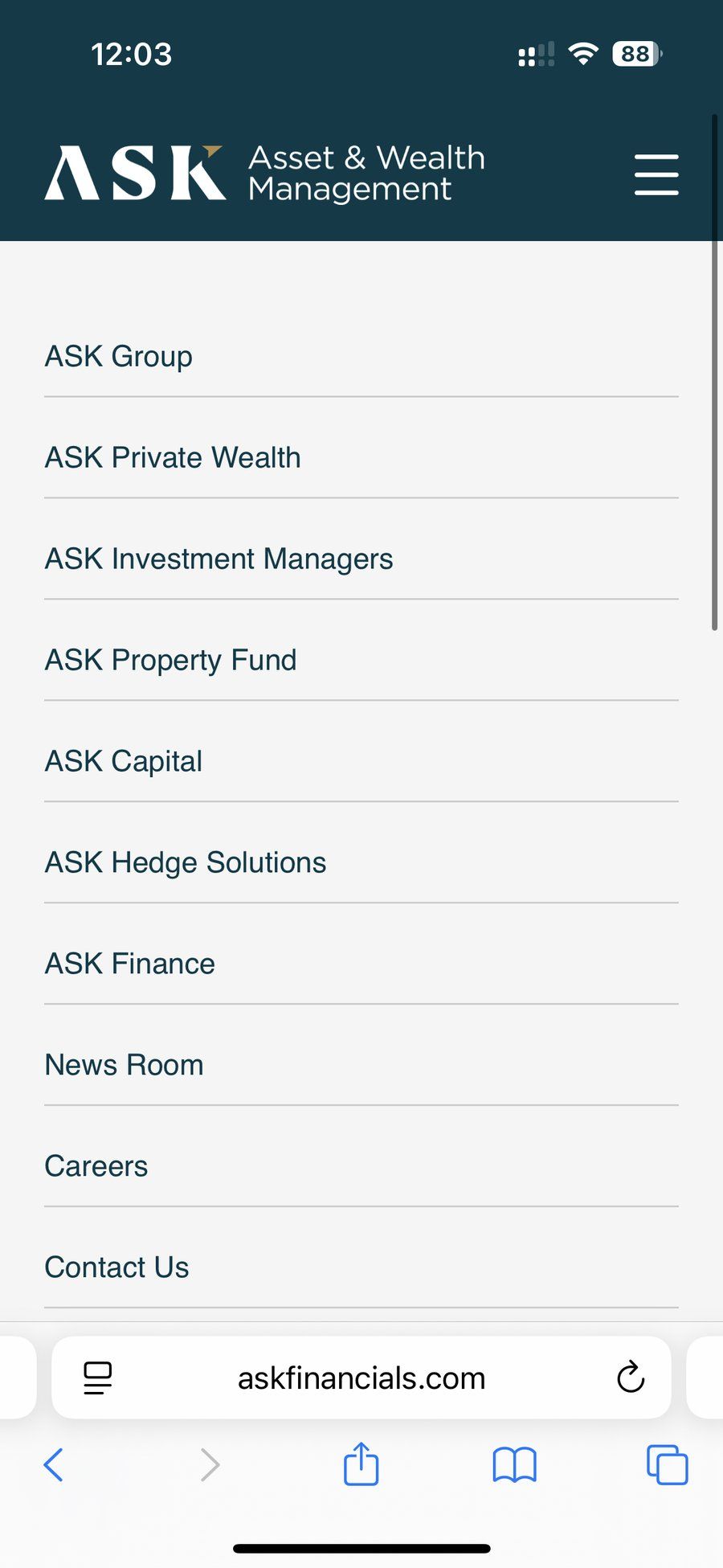 ASK Investment Managers mobile navigation menu with no visual indicators for sub-menu items