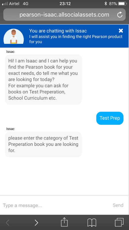 Learna chatbot screenshot: Free text: the user types Test Prep and Learna asks for the category