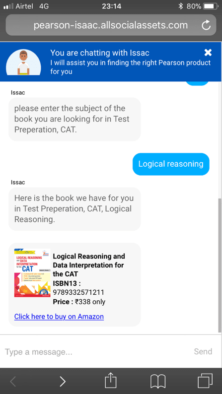 Learna chatbot screenshot: Product found: title, ISBN, price and an Amazon buy link