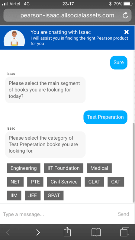 Learna chatbot screenshot: Tappable categories inside Test Preparation