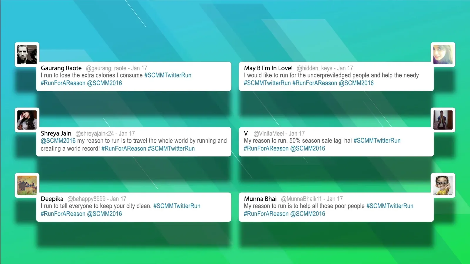 Six public tweets from participants sharing their reasons to run, dated 17 January.