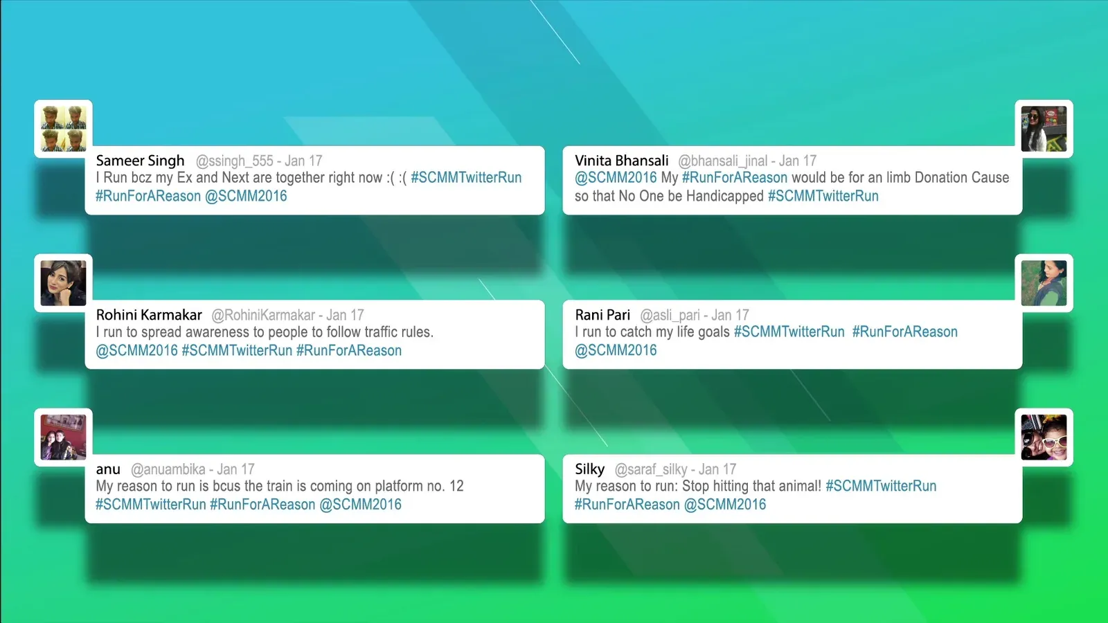Six more public tweets from participants sharing their reasons to run, dated 17 January.