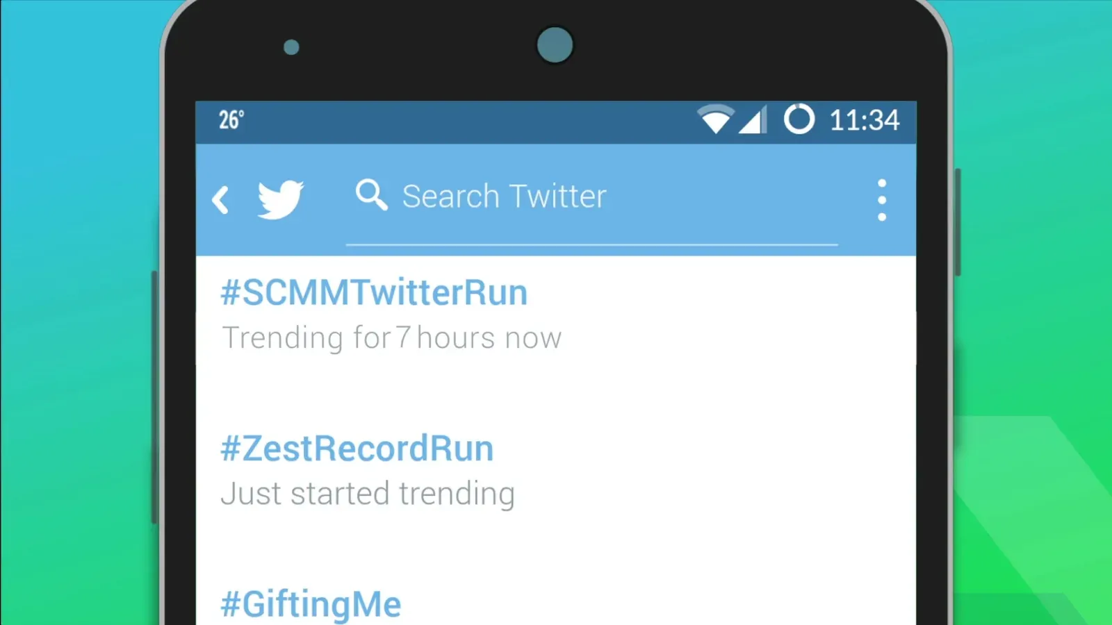 Twitter trends on a phone showing #SCMMTwitterRun trending for 7 hours and #ZestRecordRun just started trending.