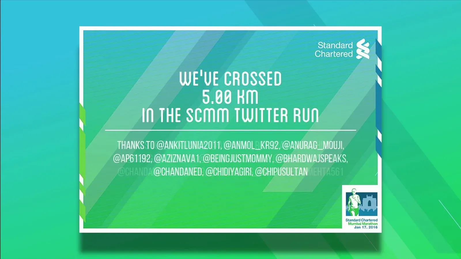 Standard Chartered milestone card: We've crossed 5.00 km in the SCMM Twitter Run.