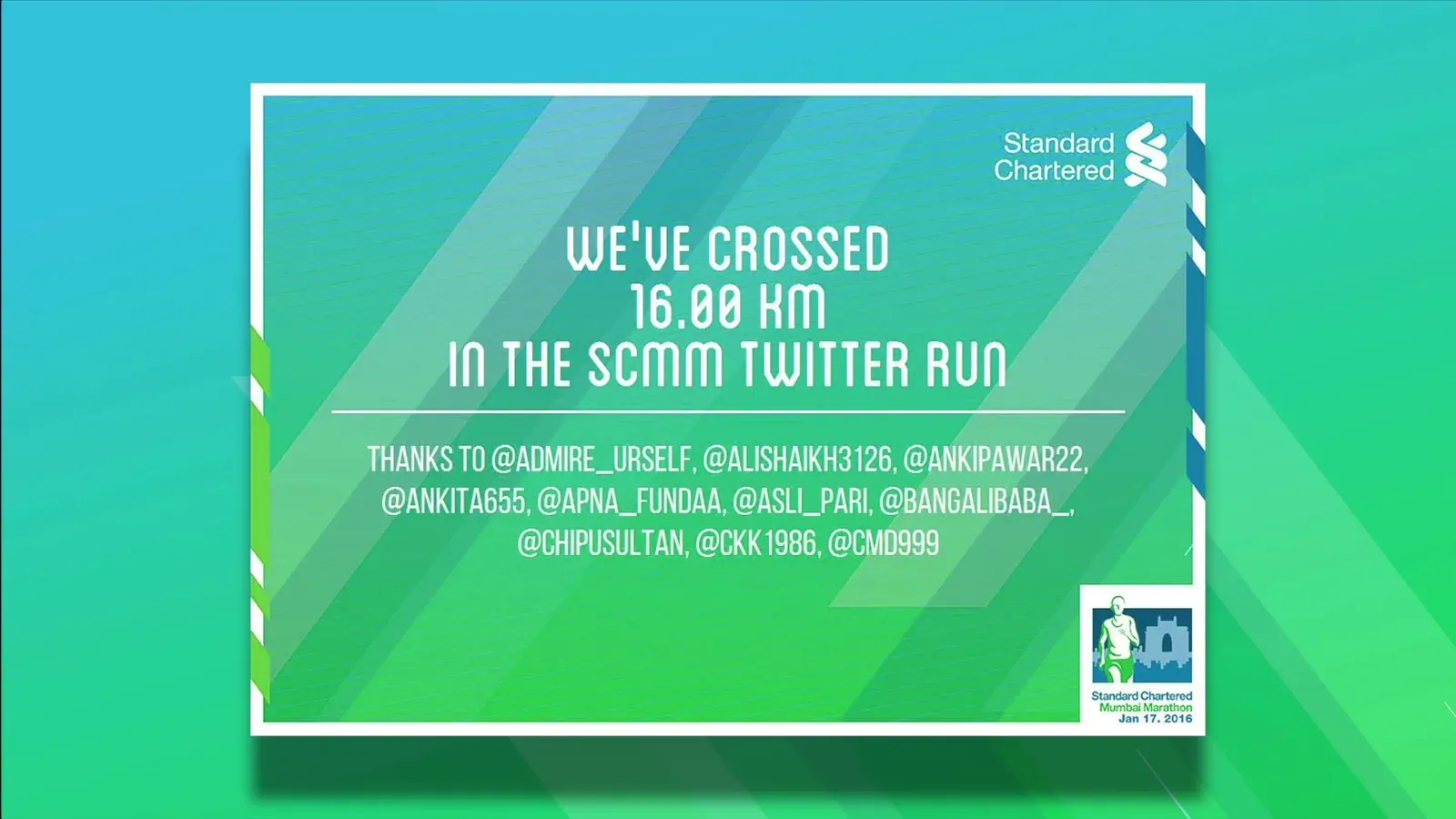 Standard Chartered milestone card: We've crossed 16.00 km in the SCMM Twitter Run.
