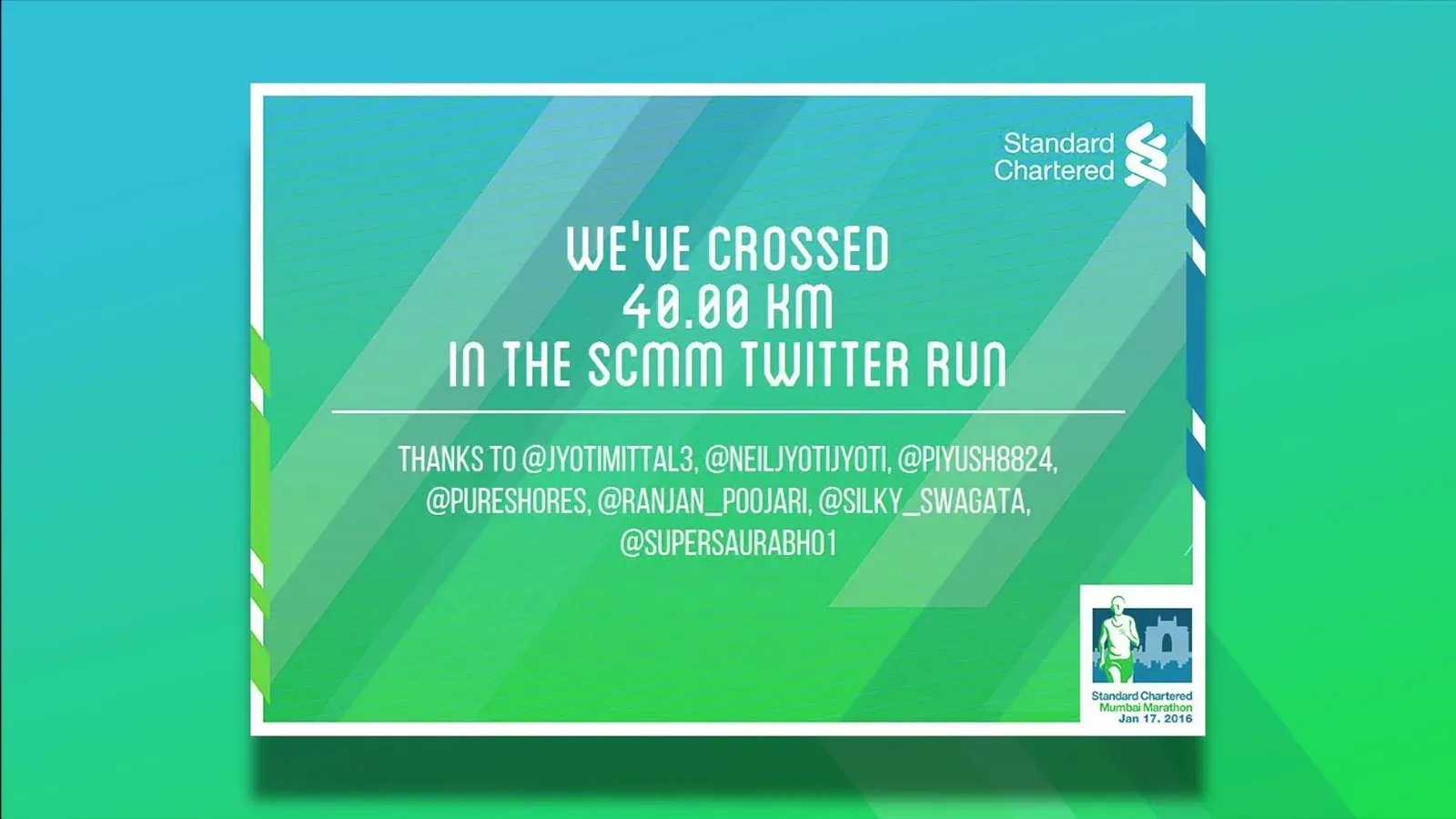 Standard Chartered milestone card: We've crossed 40.00 km in the SCMM Twitter Run.