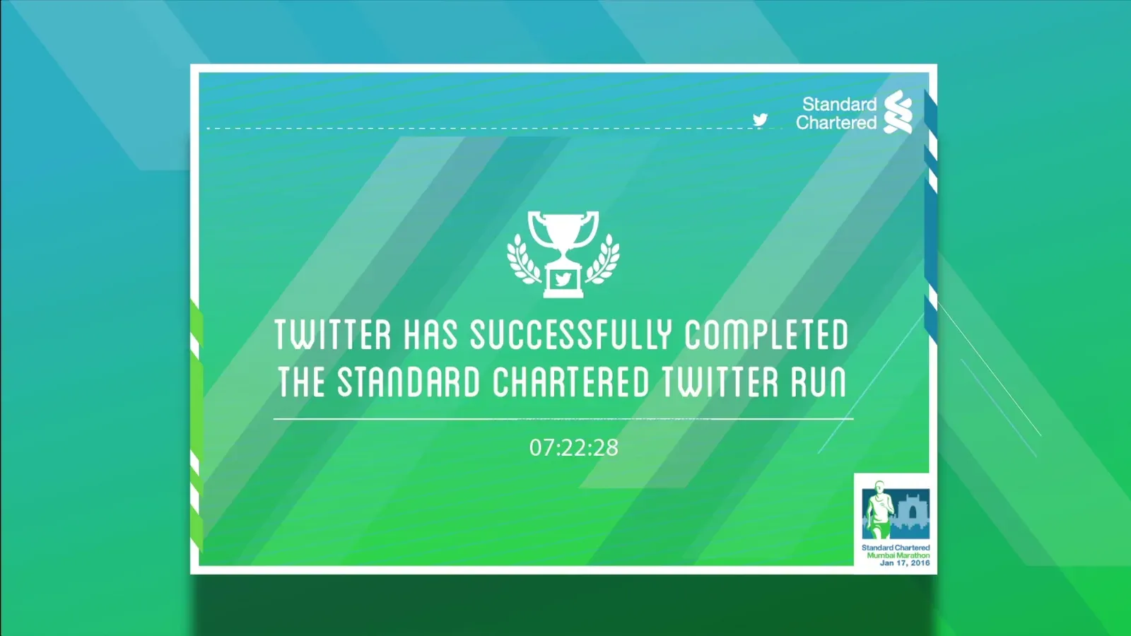 Card reading: Twitter has successfully completed the Standard Chartered Twitter Run in 07:22:28.